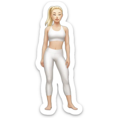 Pale skinned fit woman In a white tight yoga suit With ash blonde hair in a ponytail and gray eyes doing yoga sticker
