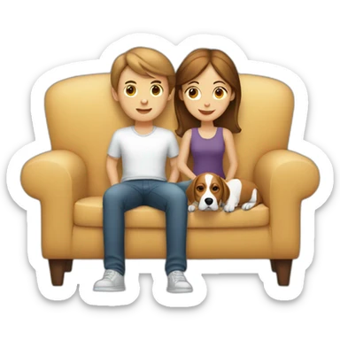 Brown hair White boy and girl with beagle Sit on couch sticker
