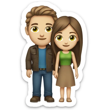 A young couple in love. Both are light skin. Both have brown hair. The woman has long hair and green eyes. The man has short brown hair und blue eyes. sticker