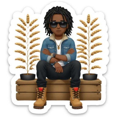 African American man with shoulder length black dreadlocks with black bead wearing black sunglasses with wearing denim skinny jeans and wheat timberland boots with arms folded sticker