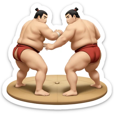 Two sumo wrestlers in a classic dohyo ring, each displaying powerful stances and ready to engage in a fierce match. One wrestler attempts a pushing attack, while the other counters with a thrust. The background shows the traditional sumo arena and spectators. Transparent background. sticker