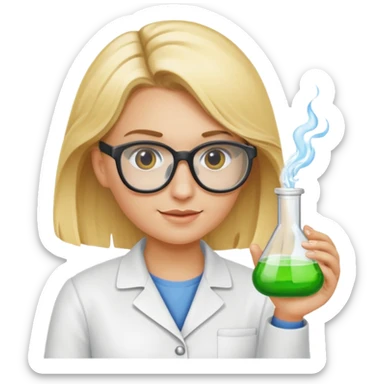 Eine hellblonde Chemikerin mit Kittel, großer Labor-Sicherheitsbrille und typischem Erlmeyerkolben in der Hand sticker