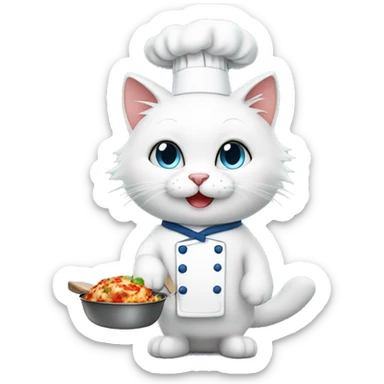 a cute white fluffy cat that is a chef and cooks dinner sticker
