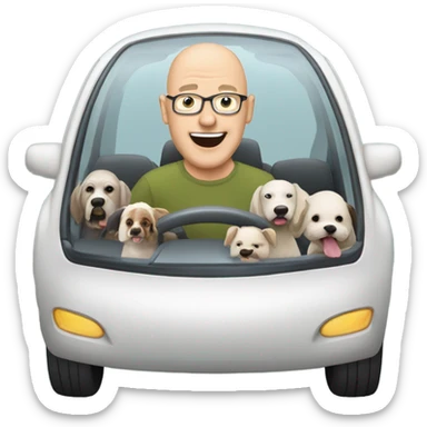 A bald man in his 50s driving a Prius filled with a bunch of dogs sticking their heads out of the windows sticker