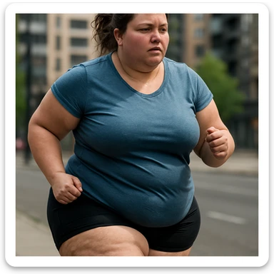 overweight woman running outdoors, stubborn fat on legs and thighs, hyper realistic 4K style, realistic details, urban background sticker