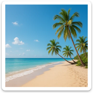 serene paradise scene with a peaceful beach, palm trees, and clear blue skies sticker