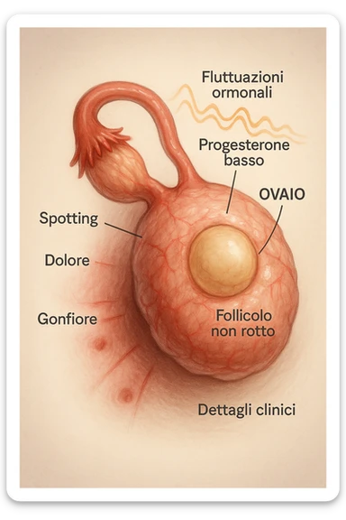 realistic and cinematic illustration of an ovary with an unruptured follicle, low progesterone, hormonal fluctuations, symptoms of spotting, pain and swelling, clinical details, captions in Italian sticker