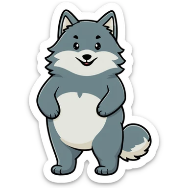 Gray wolf with an oversized pregnant belly, standing profile view, fluffy fur sticker