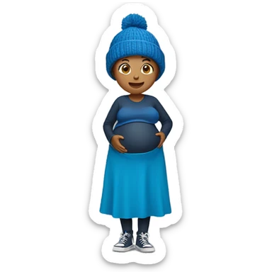 Pregnant woman with a blue beanie on showing her stomach sticker