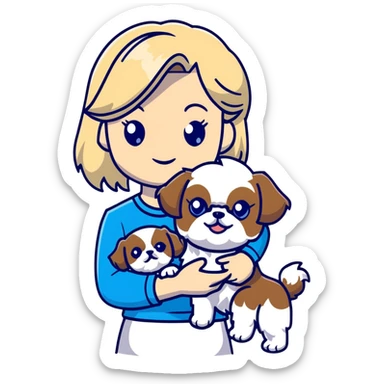 White blond girl with long hair and blue eyes holding a small female shih tzu dog sticker