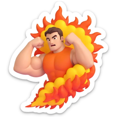a flexing bicep emerging from a stylized fiery explosion, dynamic and bold sticker