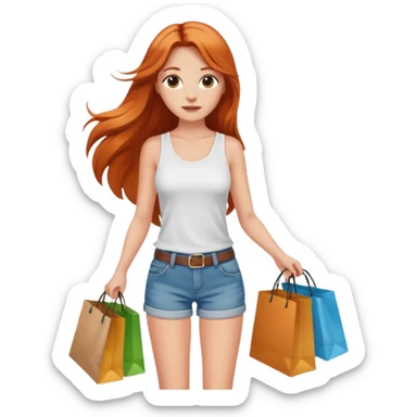 Mujer joven blanca con cabello largo cobrizo vestida con top blanco y short de jean con bolsas de compras sticker