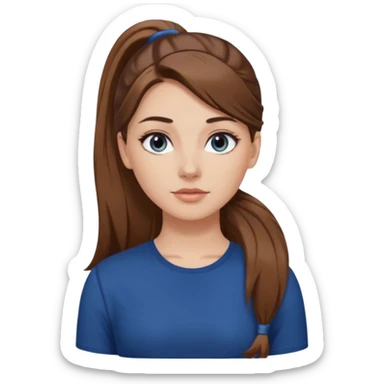 pretty white girl brown long hair makeup ponytail  on left shoulder, dark blue shirt sticker