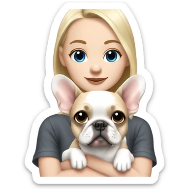 Blonde girl blue eyes holding dark grey frenchie and fawn pied frenchie sticker