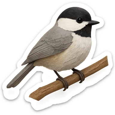 very detailed Carolina Chickadee perched on a tree branch, intricate cut paper textures, soft gray and white feathers, black cap and bib, subtle buff sides sticker