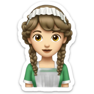 Maid with white skin, brown eyes and brown hair and bangs and side parted hair on her head with green headdress sticker