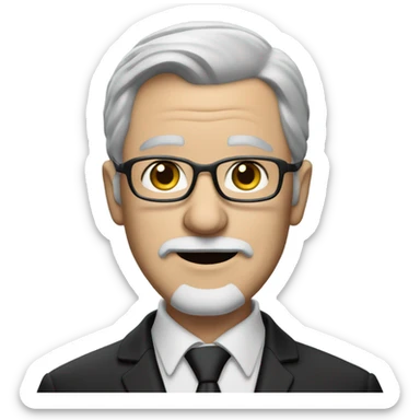 60 year old Caucasian male with grey hair, glasses and a grey goatee beard wearing a black dinner suit. Make the man's eyes BLUE sticker