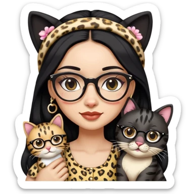A woman with a cute face and long black hair, wearing a head accessory in a Western-style look. She has stylish makeup on and wears glasses with leopard-print frames. She’s dressed in a beautiful, charming sundress. She’s lovingly holding a black-striped cat  holding it in a sweet, affectionate way. sticker