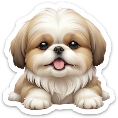 Cinematic Cute Yawning Shih Tzu Portrait Emoji, Head gently tilted with an irresistibly cute yawn and sleepy, half-closed eyes, showcasing a luxurious, fluffy fur in gentle pastel tones, simplified yet endearingly detailed, glowing with a soft, drowsy radiance, high shine, exuding tender, sleepy charm, styled with a delicate, soft glowing outline, capturing the essence of a Shih Tzu caught in a moment of adorable, sleepy bliss! sticker