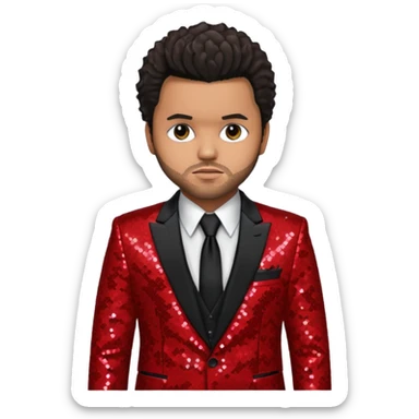 The Weeknd with dark brown hair, red sequin suit jacket, black shirt with tie sticker