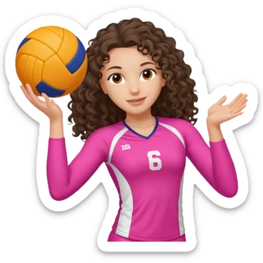 white brunette volleyball player with long curly hair wearing a pink outfit and ONE orange AND white ball sticker