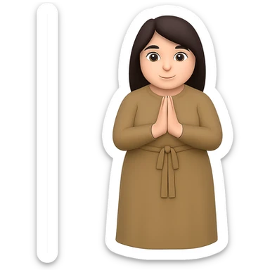 Make the woman a little thicker (not very thin), standing and praying from the front view, wearing a long tan dress, with dark brown hair, in emoji style, with no background. sticker
