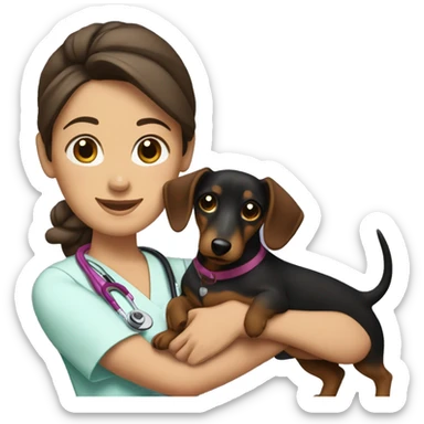 Brunette woman with a top knot wearing scrubs holding a dachshund in her arms sticker