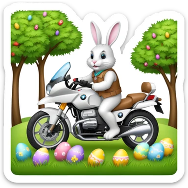 Easter bunny riding a BMW boxer motorcycle with trees and grass in the background and colorful Easter eggs hidden in the grass sticker