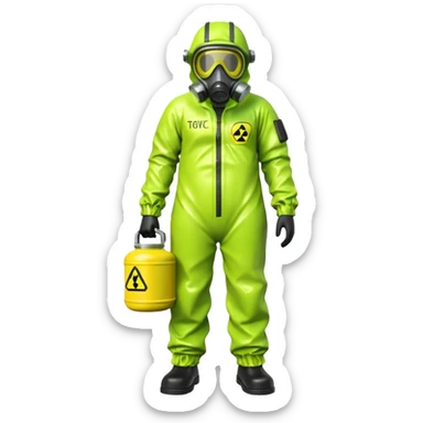 3D render of Hazmat Suit, toxic waste aesthetic, neon green bubbling liquid, caution yellow metal, industrial warning texture. sticker