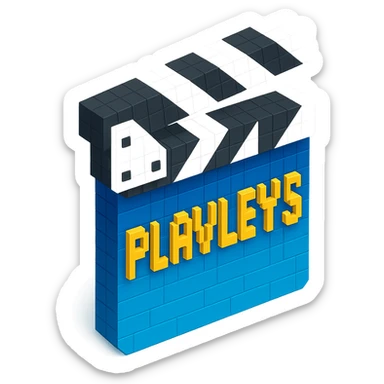 voxel style movie clapperboard with the text 'PLAVLEYS', black body, white lid, isometric view sticker