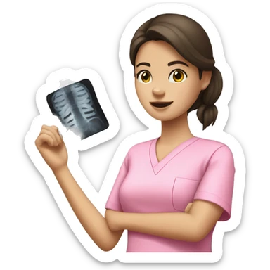 Brunette girl in pink scrubs looking at an arm X-ray  sticker