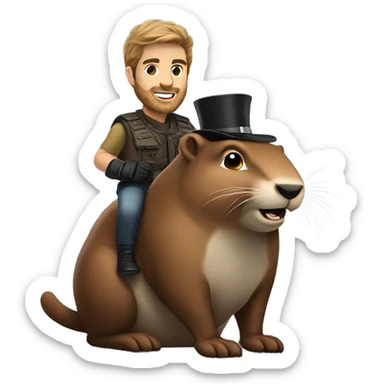 Confident armored White Man with dark brown hair and a short beard riding on the back of a giant groundhog wearing a birthday hat sticker