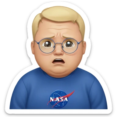 angry chubby man, crying like a kid,  blond short and hight receding hairline, wearing a dark blue sweatshirt, nasa logo on the sweatshirt, round glasses without frame, 40 years old sticker