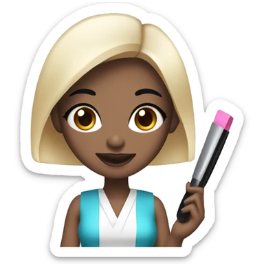 manicure master with square black hair girl with white skin and blue eyes holding a nail file and nail polish sticker