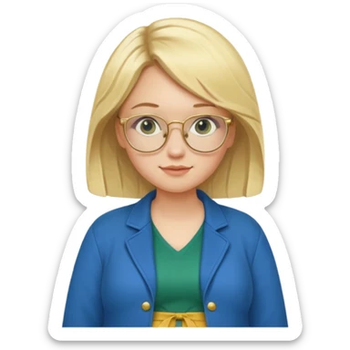 pregnant blonde 18-year old with golden glasses in a bright blue dress and a dark green jacket on top of the blue dress standing sassily sticker