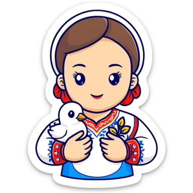 Ukrainian girl wearing a traditional embroidered vyshyvanka shirt with a white dove of peace next to her sticker