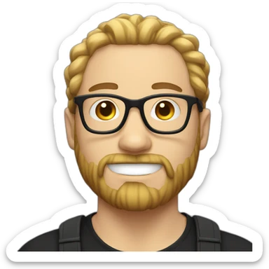 White Man with clear glasses and a black tshirt and a man bun and beard sticker