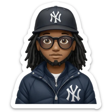 African American man brown skin complexion with black dreadlocks shoulder length wearing black bubble winter coat wearing black sunglasses wearing a New York Yankees fitted baseball hat and a black winter bubble coat sticker