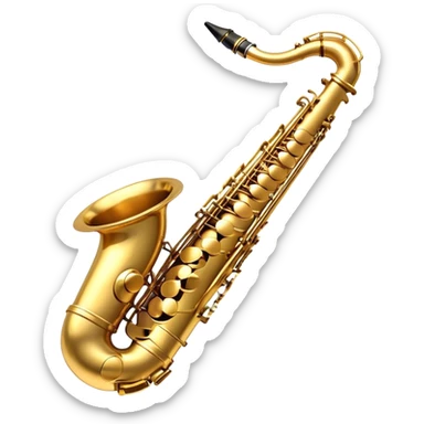 Create a sleek and sophisticated emoji representing a saxophone. The design should feature the shiny, golden body of the saxophone, with its smooth curves and metal keys clearly visible. Include subtle details like the mouthpiece with the reed and the bell at the end of the instrument. The keys should be delicately arranged, capturing the intricacy of the instrument. Use warm golden tones for the saxophone and add small musical notes floating around to evoke the smooth, soulful sound of the saxophone. The background should be transparent. sticker