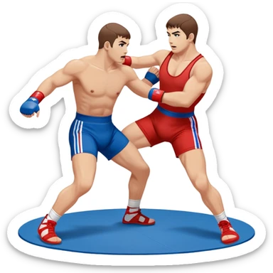 Two Sambo fighters in blue and red gis with shorts and wrestling shoes, executing gripping and throwing techniques. The fighters are engaged in a dynamic, action-packed moment with no strikes. The background features a wrestling mat, focusing on the technique and control. Transparent background  sticker