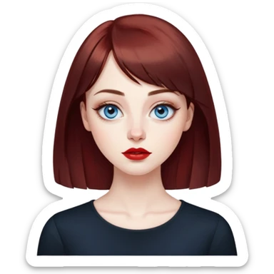 Artistic young woman with pale skin, oval face, large expressive blue eyes with eyeliner, thin arched eyebrows, small nose, full lips with red lipstick, dark auburn hair that's straight with slight waves at ends, straight bangs, wearing a black top, warm creative expression sticker