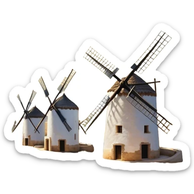 ​Cinematic Realistic Spanish Windmills (Mota del Cuervo), depicted as a cluster of gracefully aged windmills with weathered whitewashed facades and rustic wooden sails, standing proudly on a sunlit, rolling hillside of golden fields and olive groves, rendered with intricate textures and soft natural lighting that captures the timeless rural charm and historical significance of the Spanish landscape, sticker