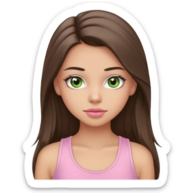 Create a teen girl wearing a light pink tank top. She will have long brunette hair, tan skin, pink lips, and grey-green eyes. She has long eyelashes. sticker