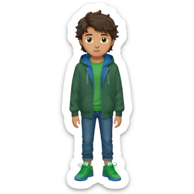 a 14 year old slightly tanned teenage boy with dark brown tousled wavy hair, wearing a green tshirt, with a dark green hoodie overcoat with blue jeans and green shoes sticker