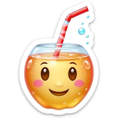 3D Apple style emoji of bubbly soda pop, fizzy bubbles rising, translucent sparkling liquid, isolated on white background, soft shadows, high detail, playful and cute. sticker