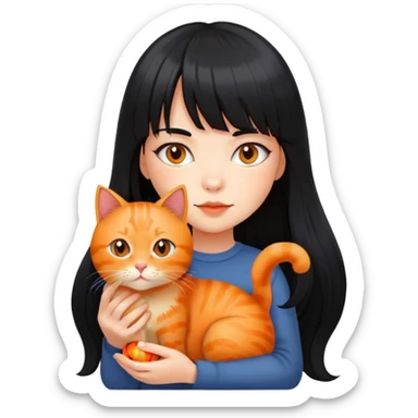A girl with long black hair and bangs is holding a orange cat sticker