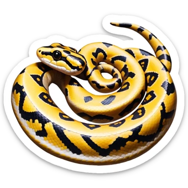 A photo-realistic top-down view of a Ball Python gently coiled into a tight spiral, with its head resting peacefully at the center. Its scales are warm brown with bold, irregular black markings, including the distinctive “alien-head” pattern, flowing smoothly along its body.  sticker