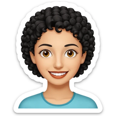 30 year old iranian woman very short curly black hair, big brown eyes, tanned skin, big smile, white teeth, pretty, stylish, shorter hair, boy cut hair sticker