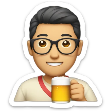 Japanese wearing roundglasses alohashirt is holding beer sticker