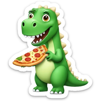 Green dinosaur eating a pizza whilst wearing pyjamas and fluffy white slippers sticker